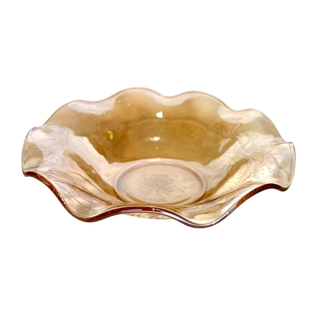 Vintage Iridescent Pink Depression Glass Bowl with Floral Etching